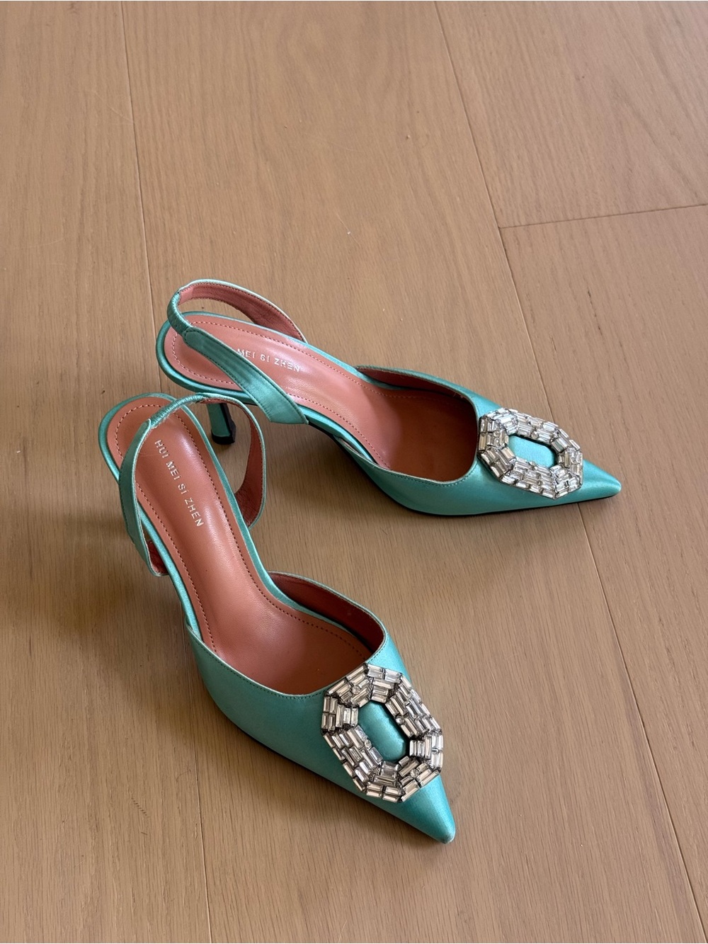 Turquoise Embellished Pointed-Toe Slingback Heels